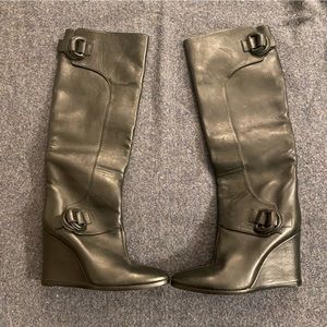 Balenciaga black leather wedge healed boots.